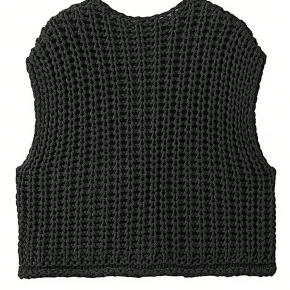 Black Casual Women's Loose Knit Vest With Double Pockets - Picture 2 of 5